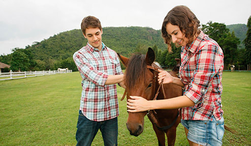 Young couple with their horse 